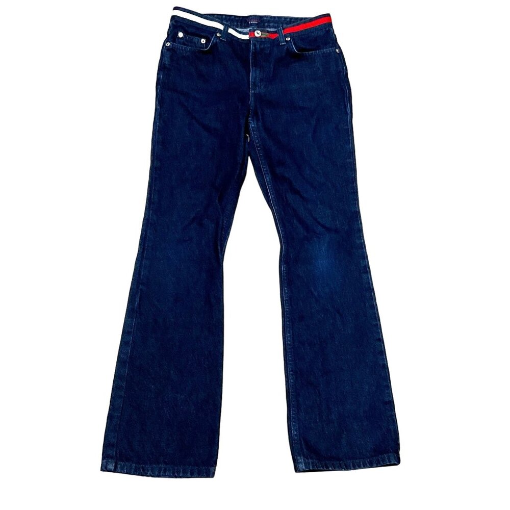 Vtg Tommy Hilfiger Y2K Hipster Flared Jeans Sz 7 Blue Flag Waistband Womens